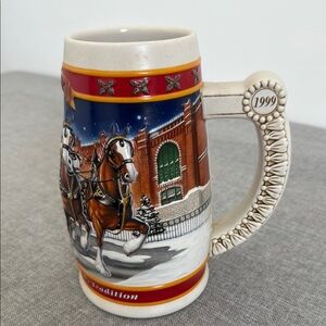 Budweiser Red and Blue Holiday Mug with Ornate Handle